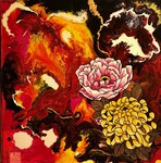 pivoine et chrysanth&egrave;me (technique mixte- 30x30cm)